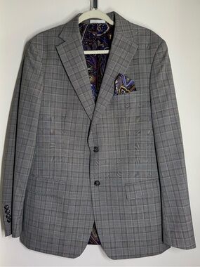 Tallia Gray Windowpane Men's Blazer with Paisley Lining